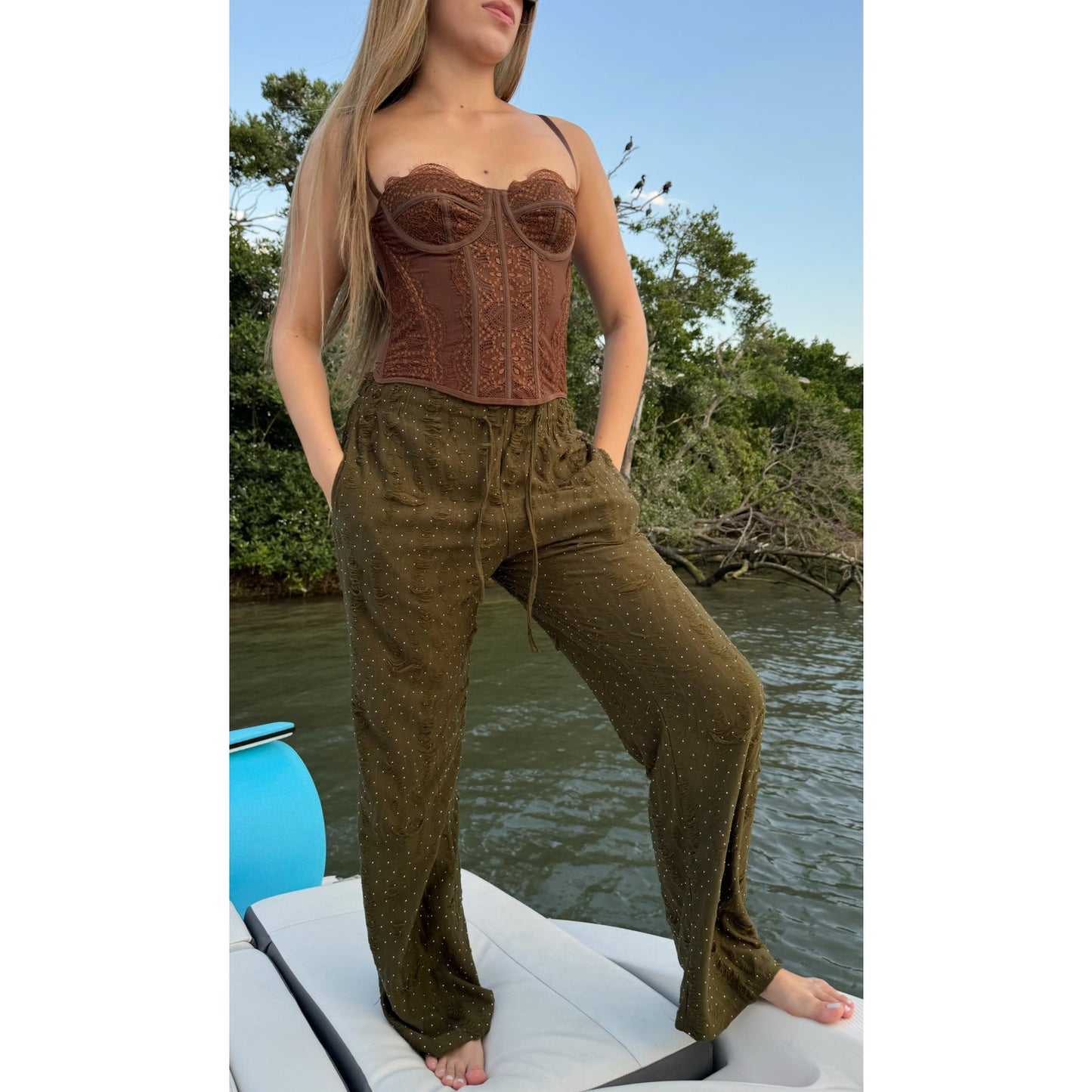 Rhinestone drawstring lounge pants