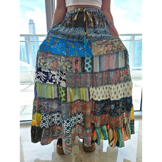 Mixed-Patchwork maxi skirt with pockets- One Size 100% Silk