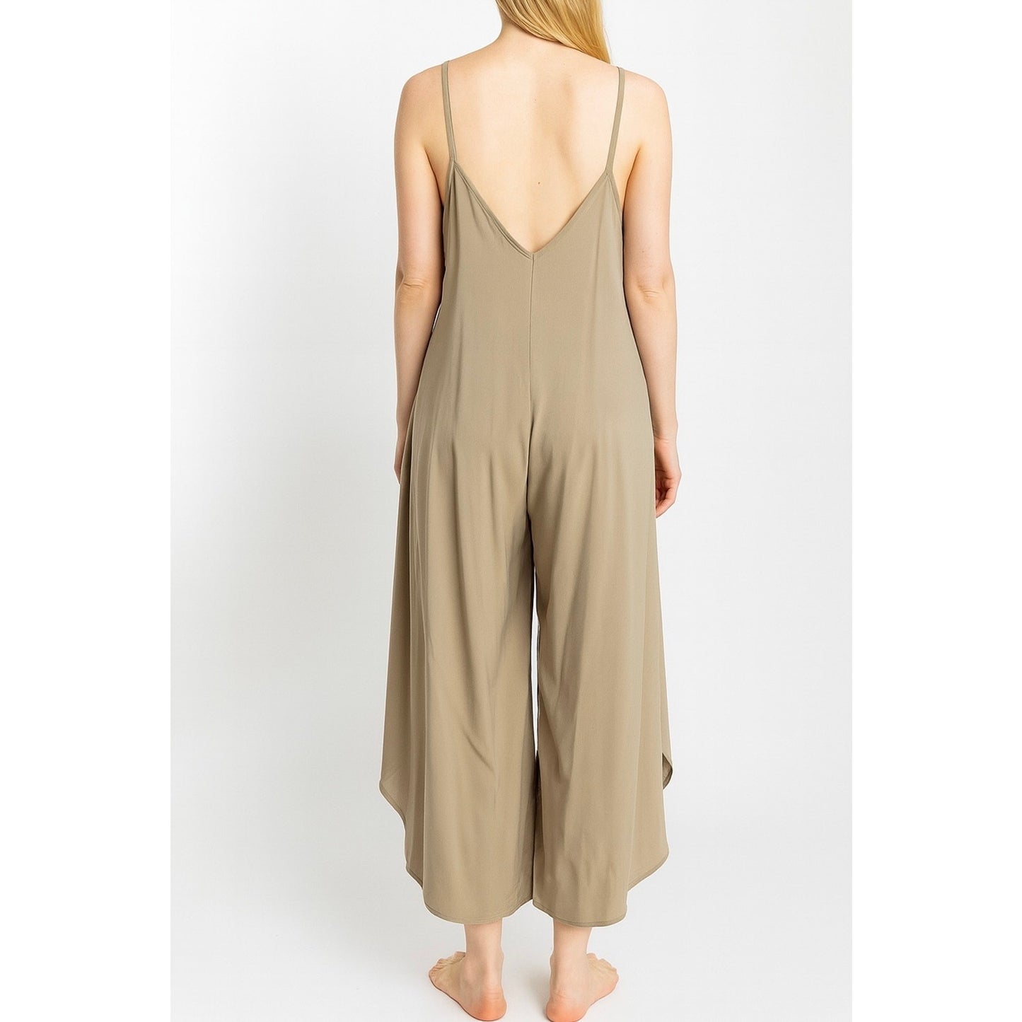 WASHED WOVEN SLOUCHY FITTED JUMPSUIT WITH CAMI STRAP. MADE IN USA