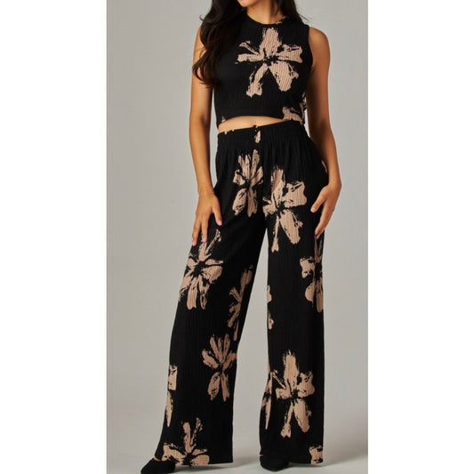 Print Crinkled Plisse 2pc Loungewear Set