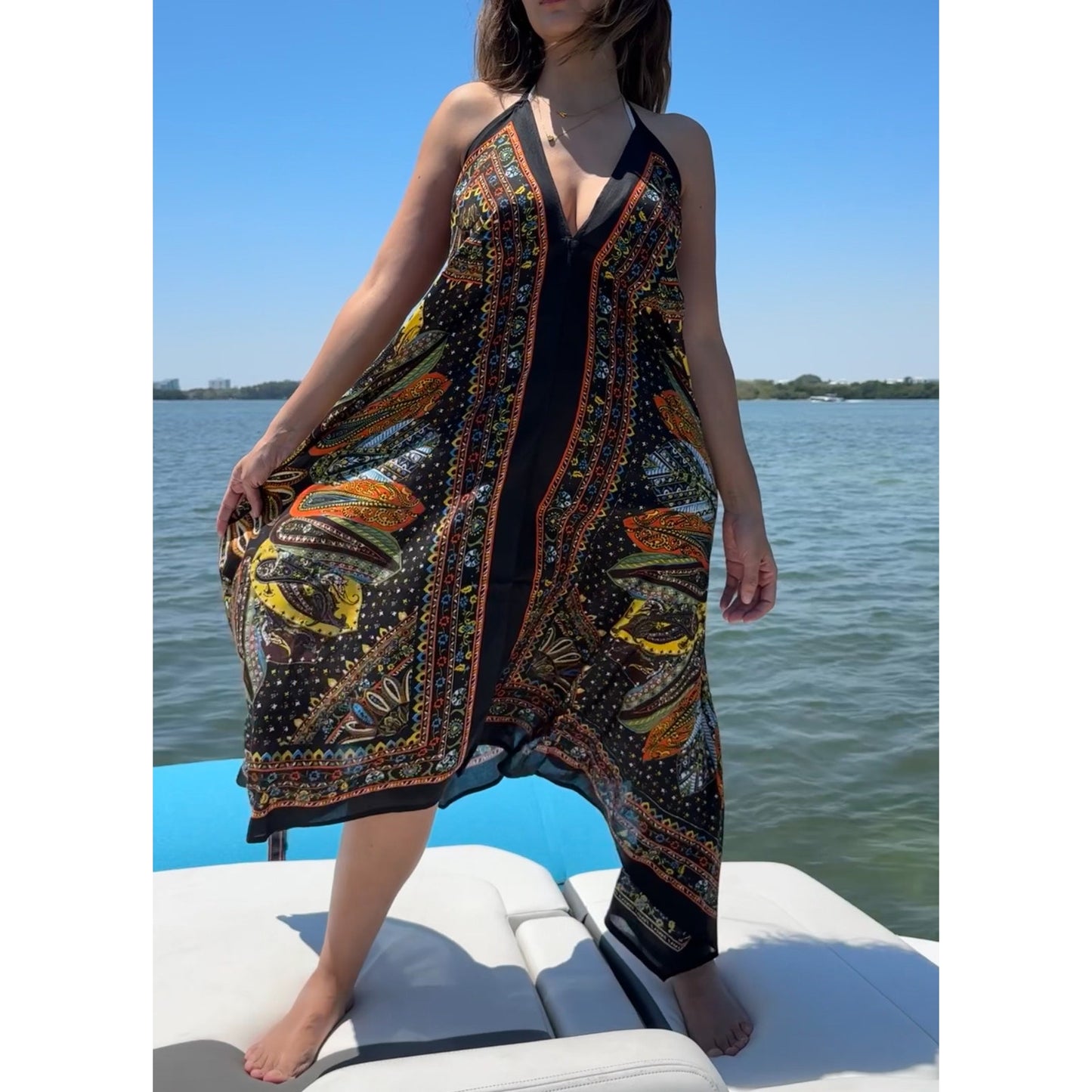 Short floral paisley scarf dress cover-up featuring an open back and deep V-neck
