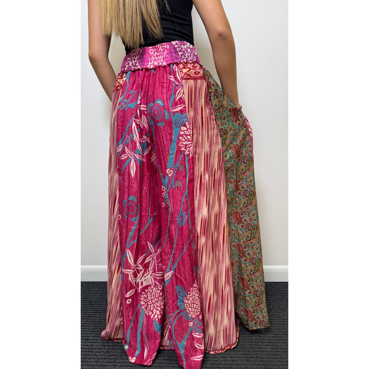 Mixed-print wide-leg trousers- One Size 100% Silk