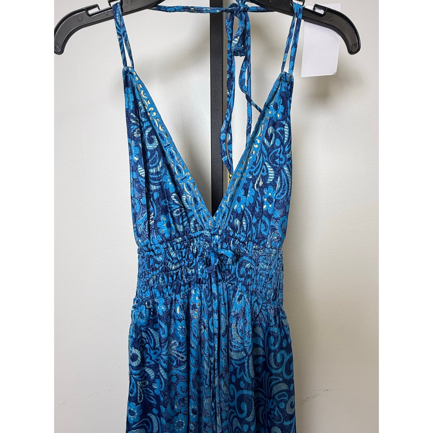 NWT 70% Silk 30% Polyester Blue & Gold Maxi Dress Boho Halter