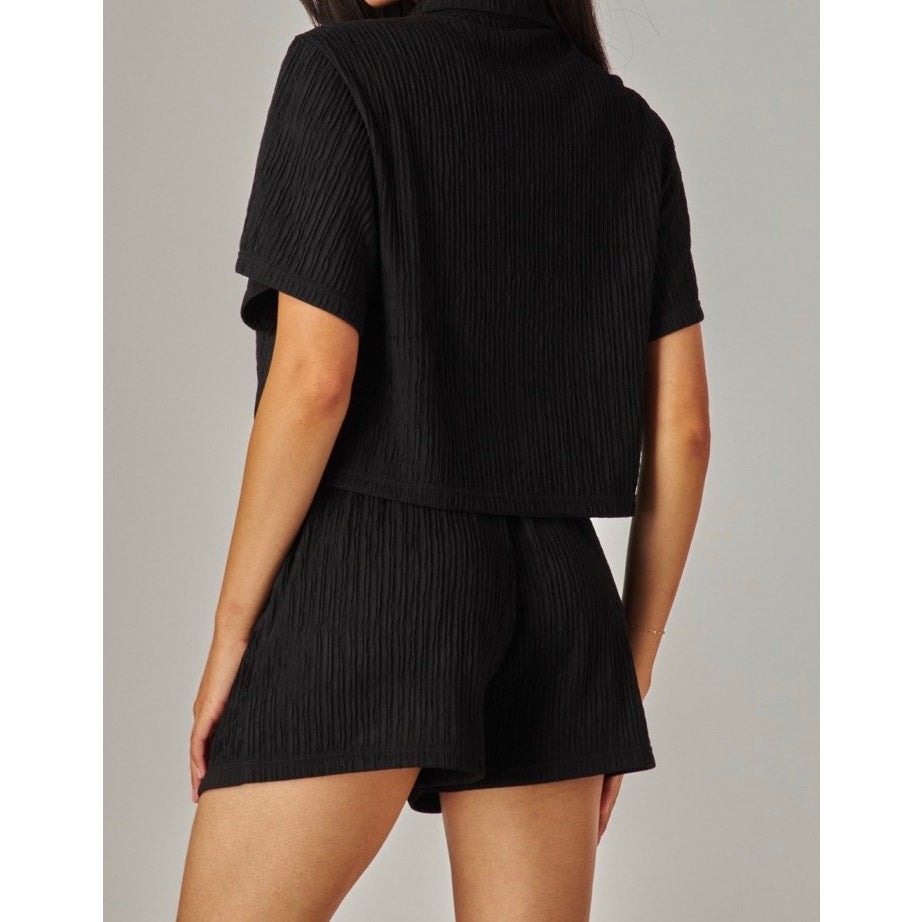 Crinkled Plisse Button Down Shirt Loungewear Shorts Set