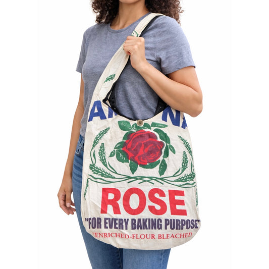 Rose Flour Sack Purse Bag Cotton Tote Vintage Look Feed Sack Cross Body