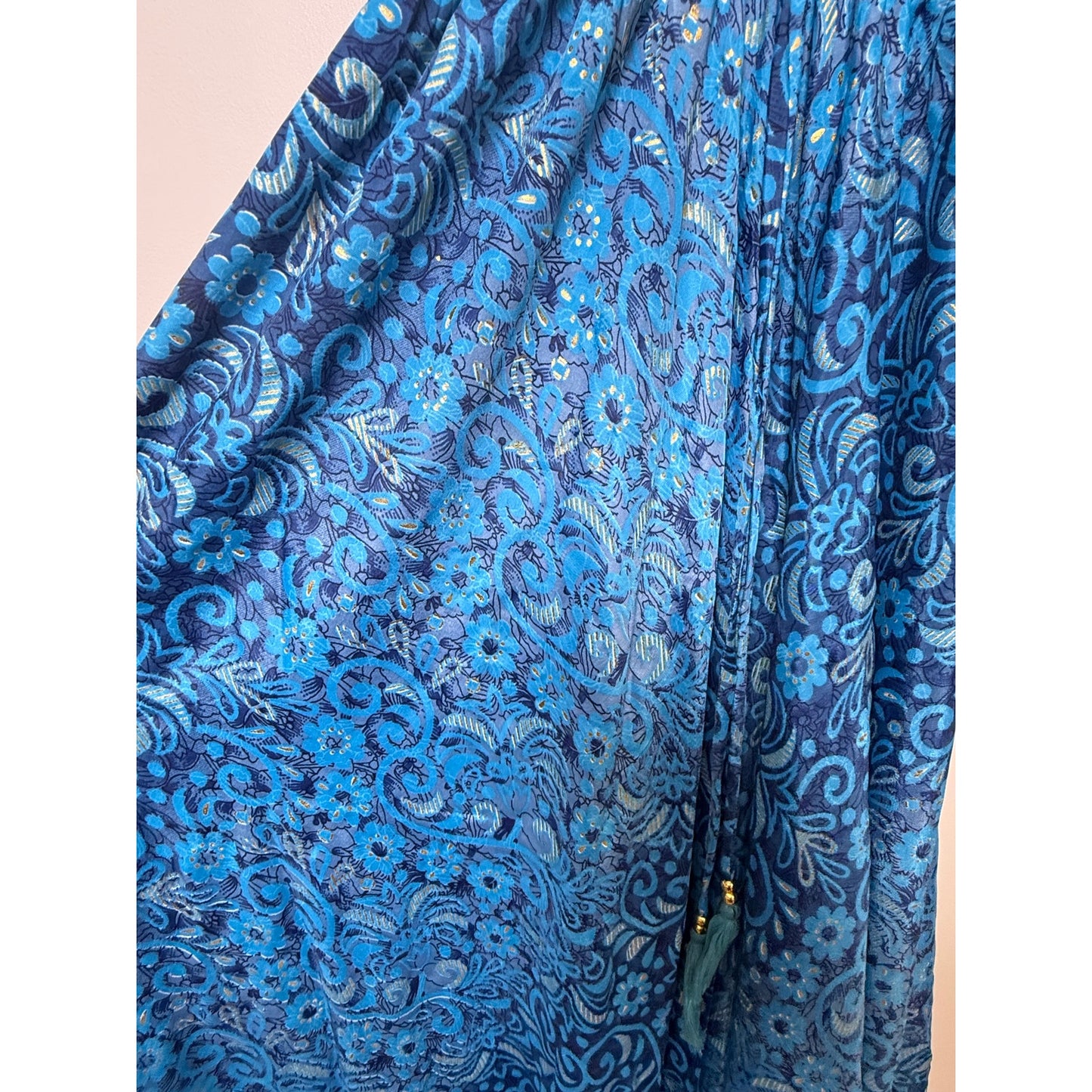 NWT 70% Silk 30% Polyester Blue & Gold Maxi Dress Boho Halter