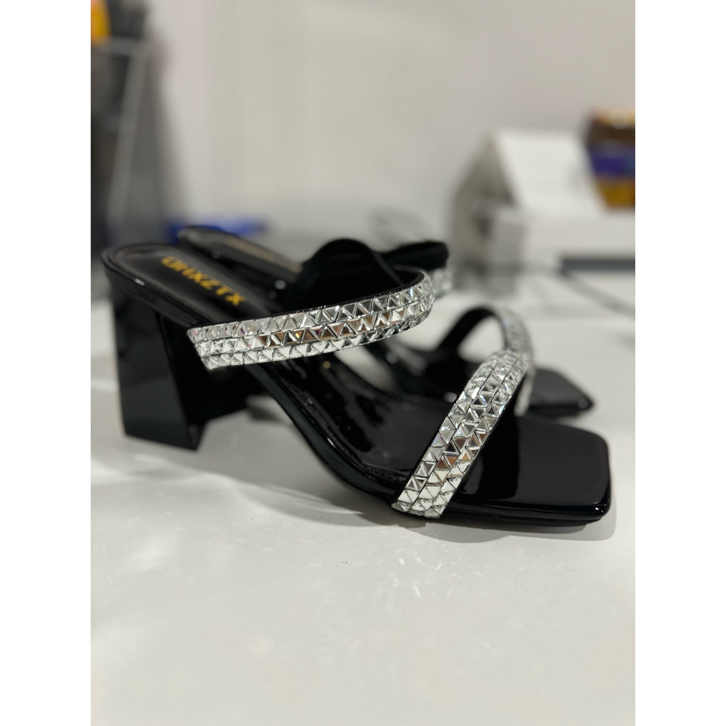 Sparkly Rhinestone Chunky Heels for Women Square Toe Heeled Sandals Party Dressy