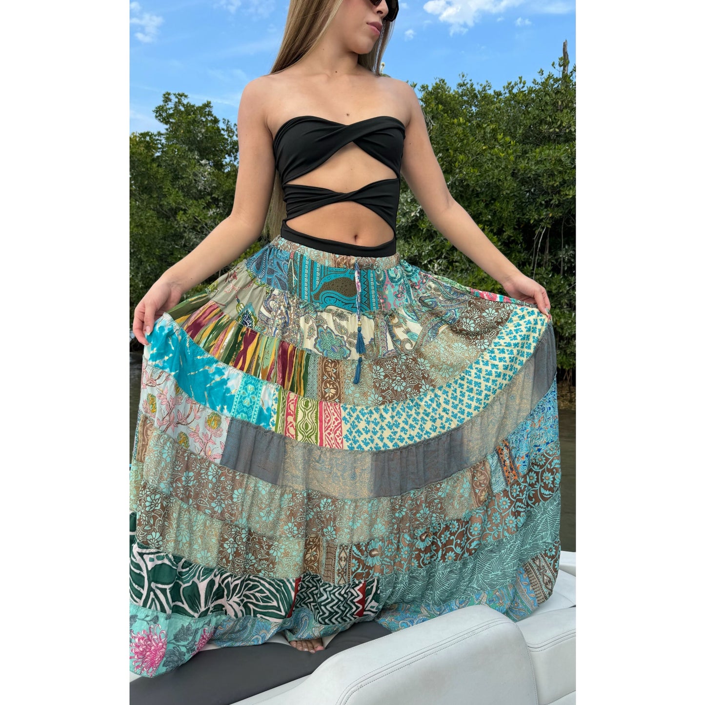 Mixed-Patchwork maxi skirt with pockets- One Size