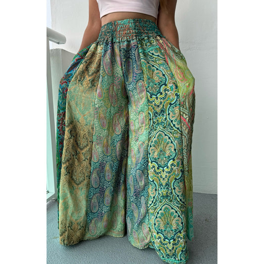 Mixed-print wide-leg trousers- One Size