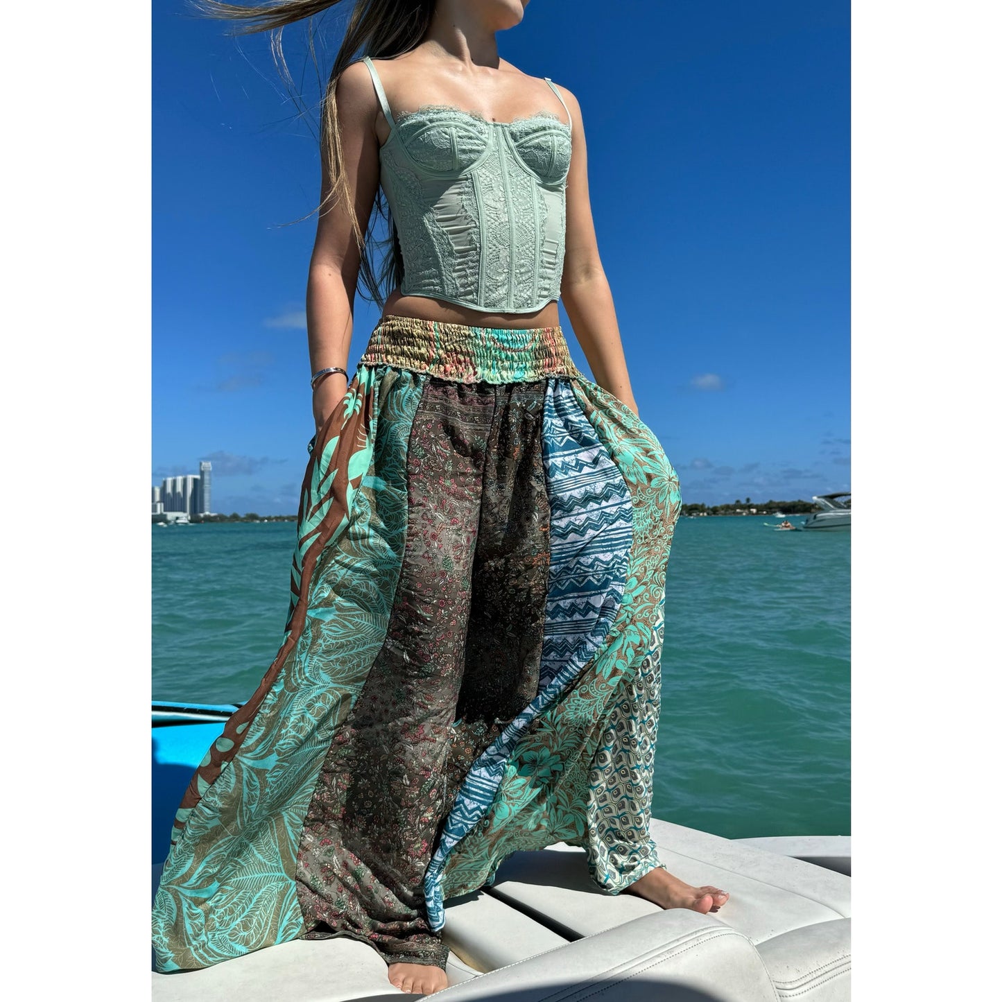 Mixed-print wide-leg trousers- One Size