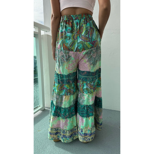 Mixed-print wide-leg trousers- One Size 100% Silk