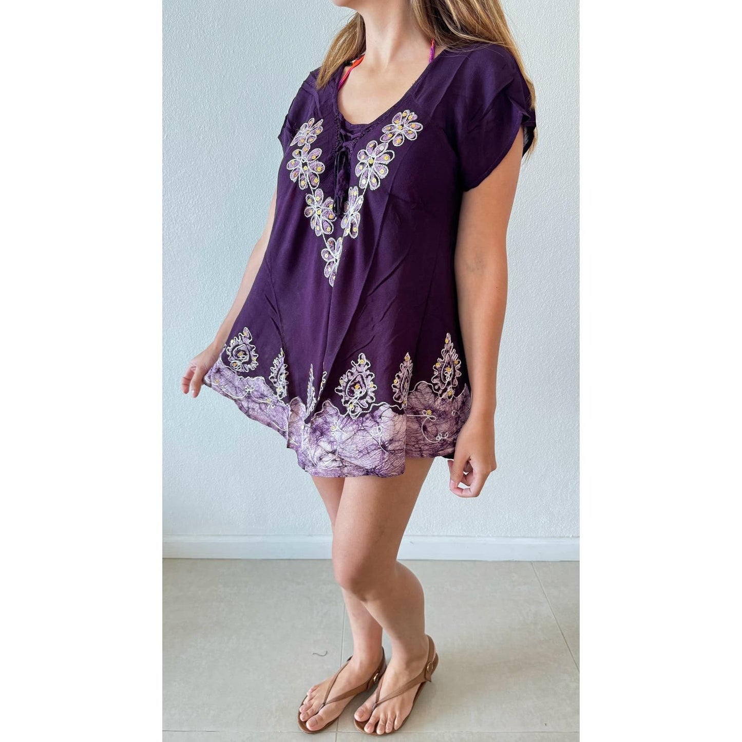 Embroidered floral details beach-pool mini purple dress