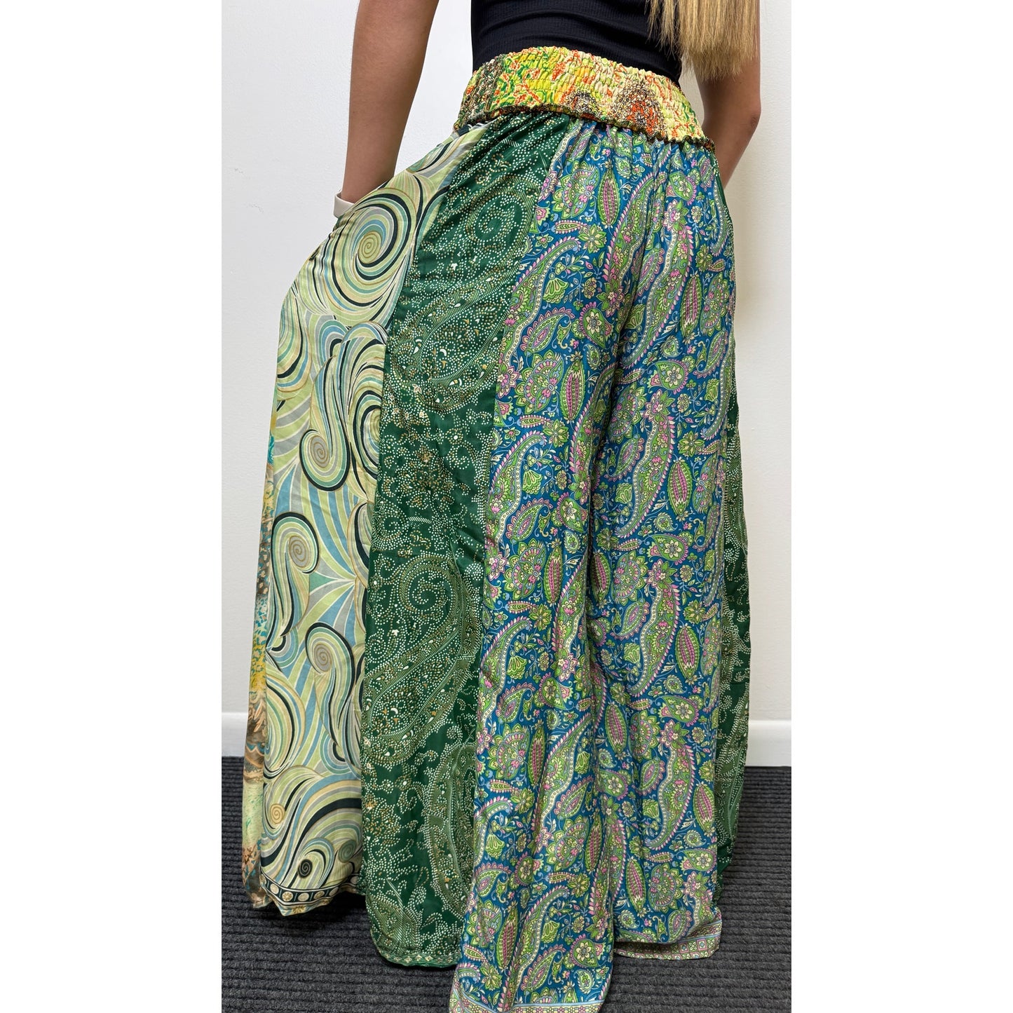 Mixed-print wide-leg trousers- One Size 100% Silk