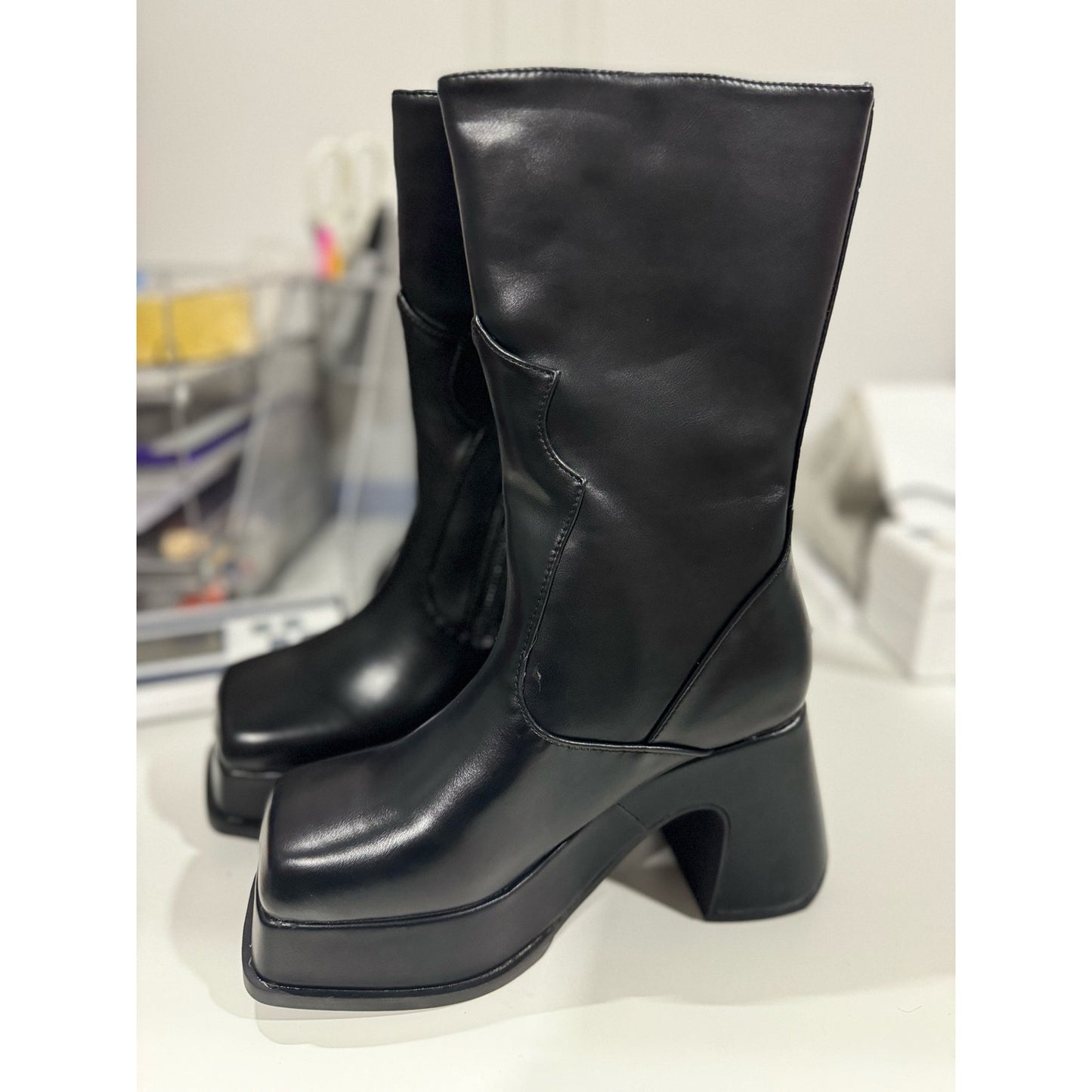 Eteridrey Platform Boots for Women Gothic Chunky High Heel Mid Calf Boots