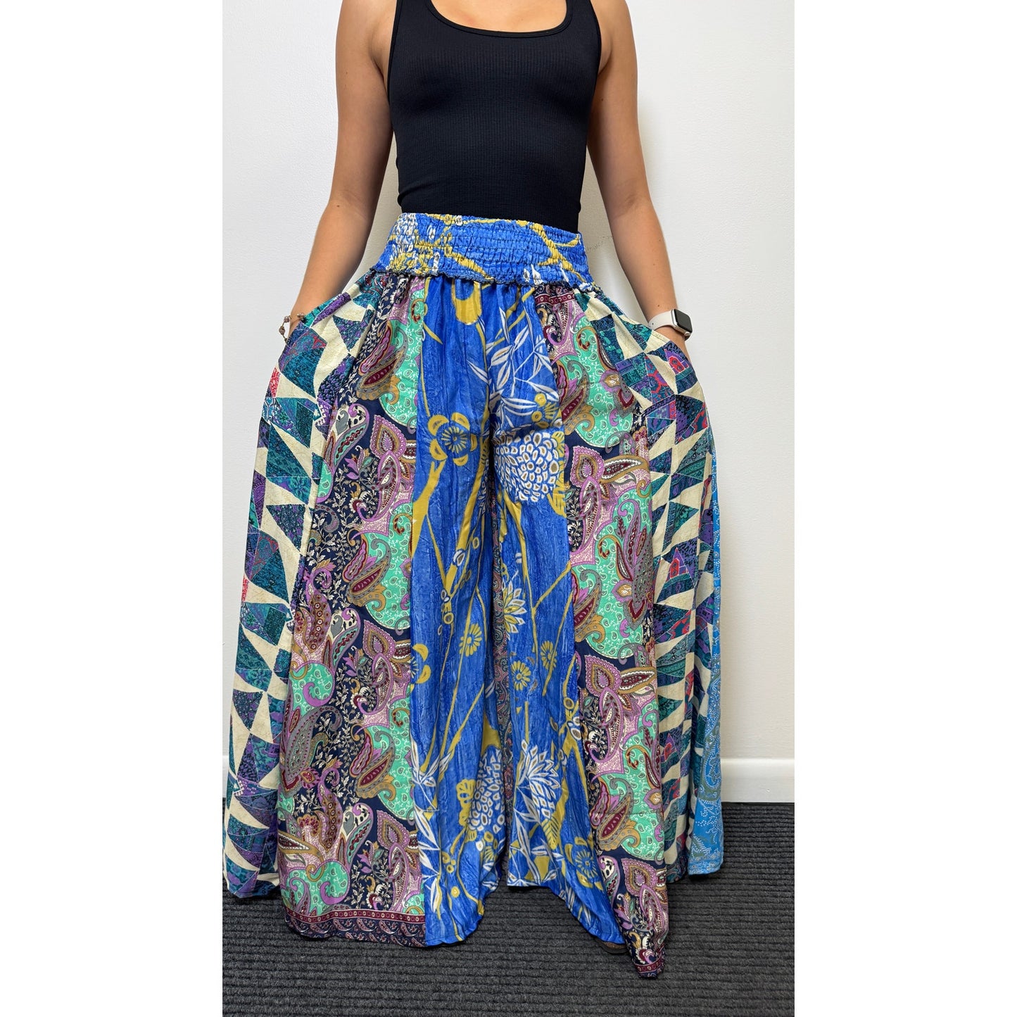 Mixed-print wide-leg trousers- One Size 100% Silk