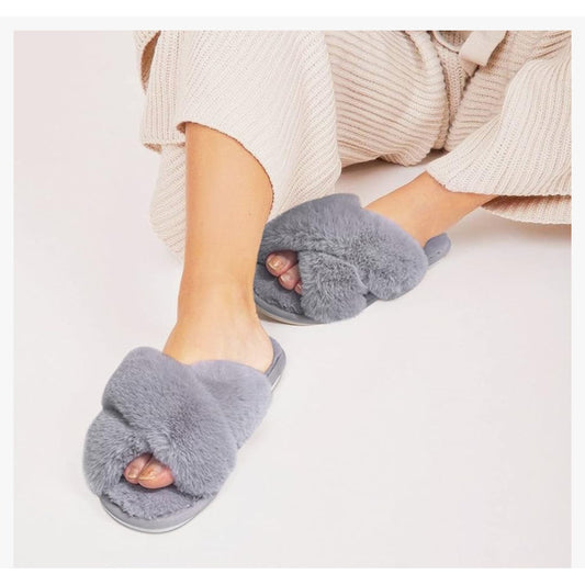 Womens House Slippers Cross Band Open Toe, Soft Plush Fleece Bedroom Slippers Women