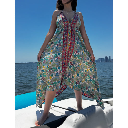Short floral paisley scarf dress cover-up featuring an open back and deep V-neck