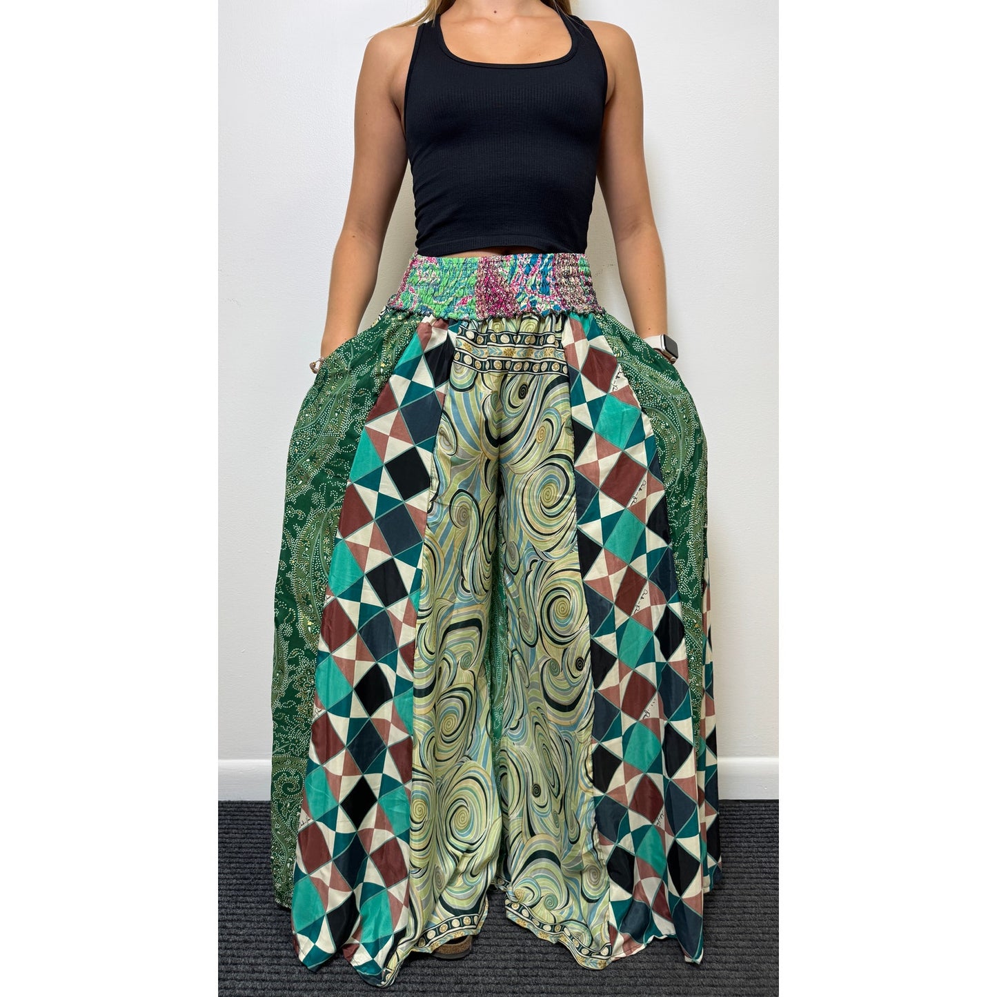Mixed-print wide-leg trousers- One Size 100% Silk