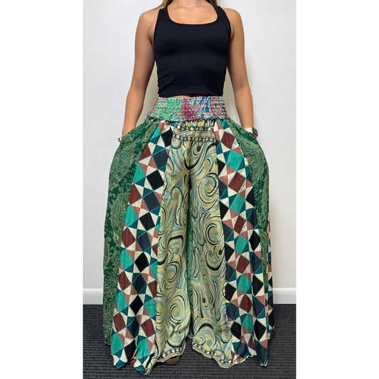 Mixed-print wide-leg trousers- One Size 100% Silk