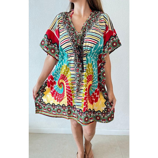 One size multicolor geometric beach-pool Cover up