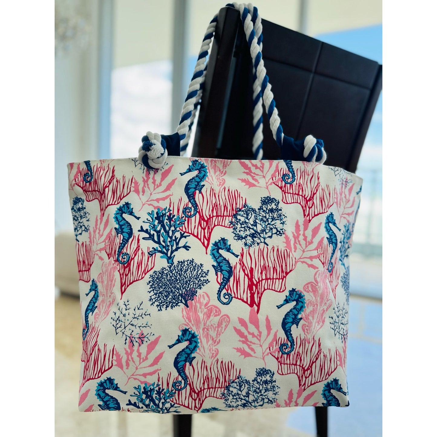 Beach Bag Tote, Ocean Seahorse Coral Beach Bags Waterproof Large Pool Bag Shoulder Travel Tote Bags With Zipper