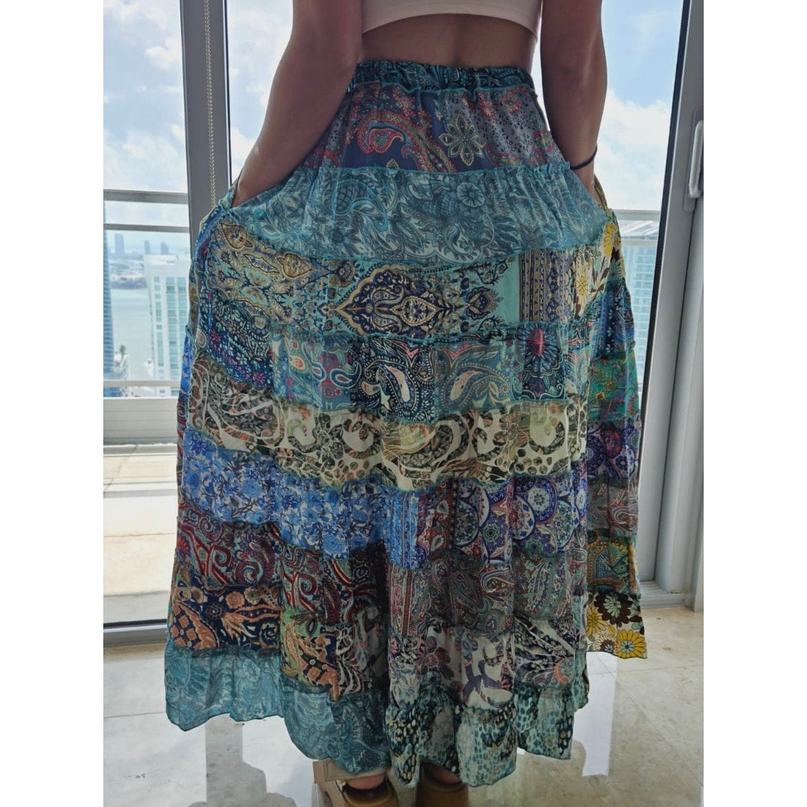 Mixed-Patchwork maxi skirt with pockets- One Size 100% Silk