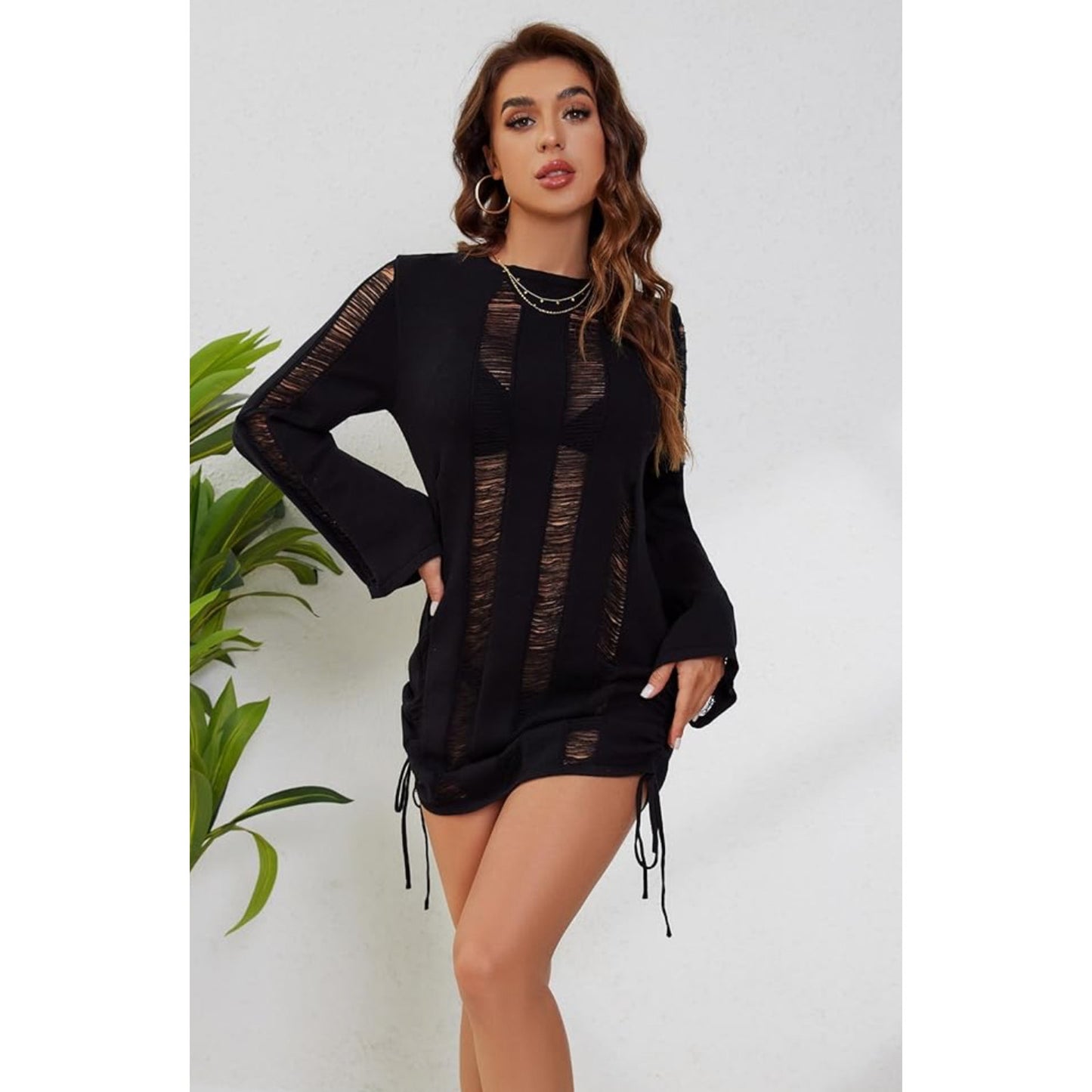 Summer Women's Sexy Swimwear Cover up Long Sleeve Beach Knitted Dresses