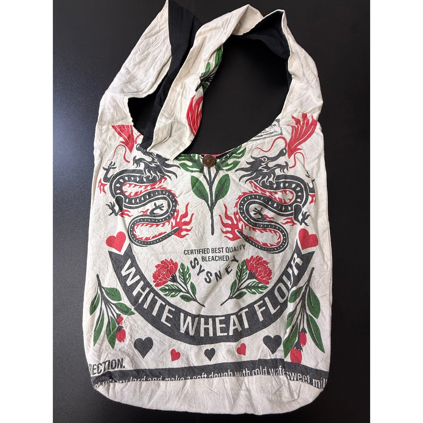 Dragon Flour Sack Purse Bag Cotton Tote Vintage Look Feed Sack Cross Body