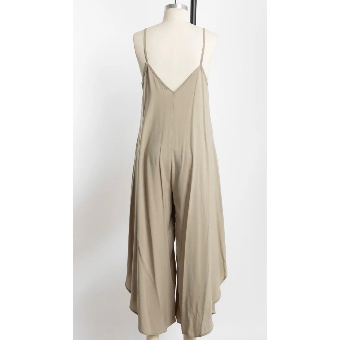 WASHED WOVEN SLOUCHY FITTED JUMPSUIT WITH CAMI STRAP. MADE IN USA