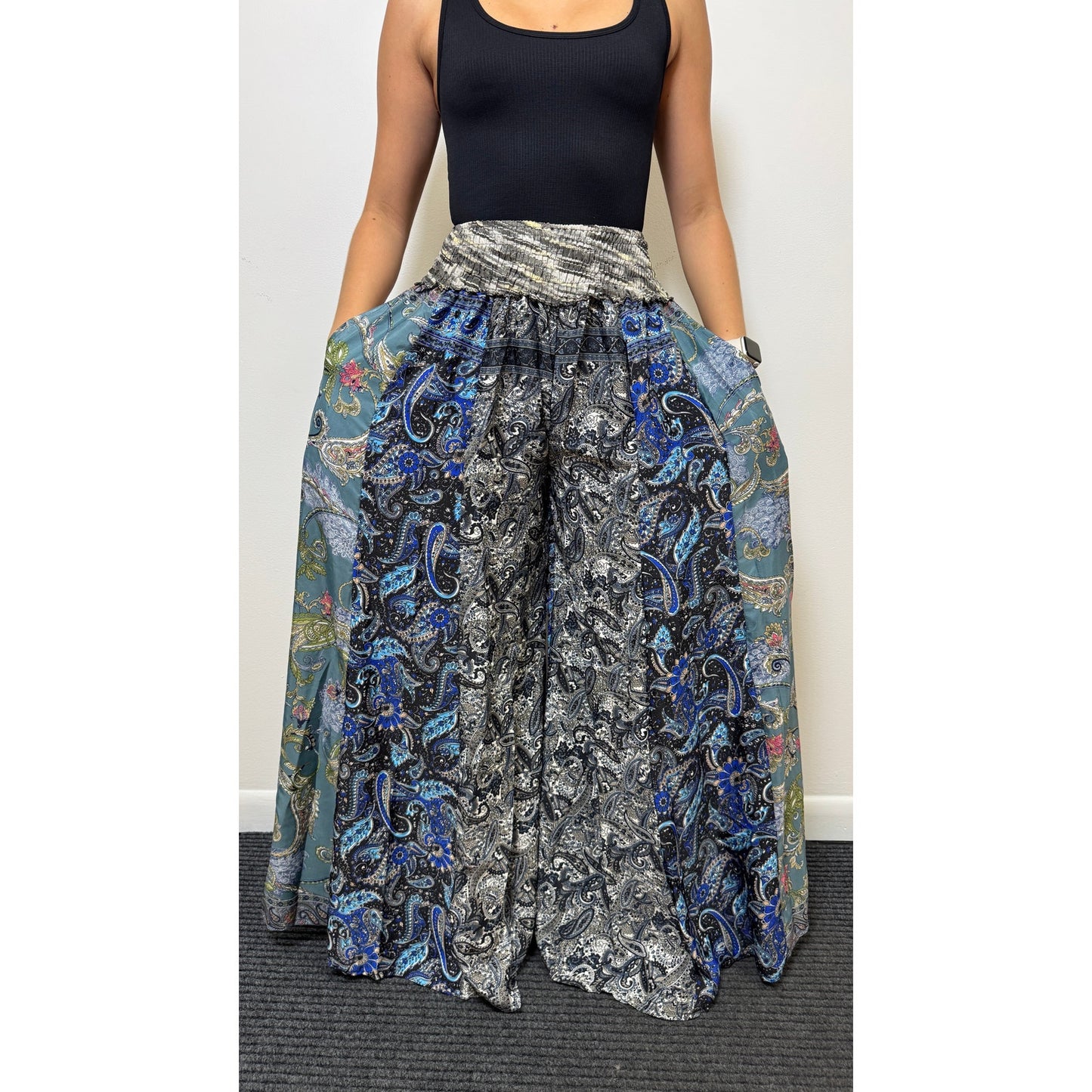 Mixed-print wide-leg trousers- One Size 100% Silk