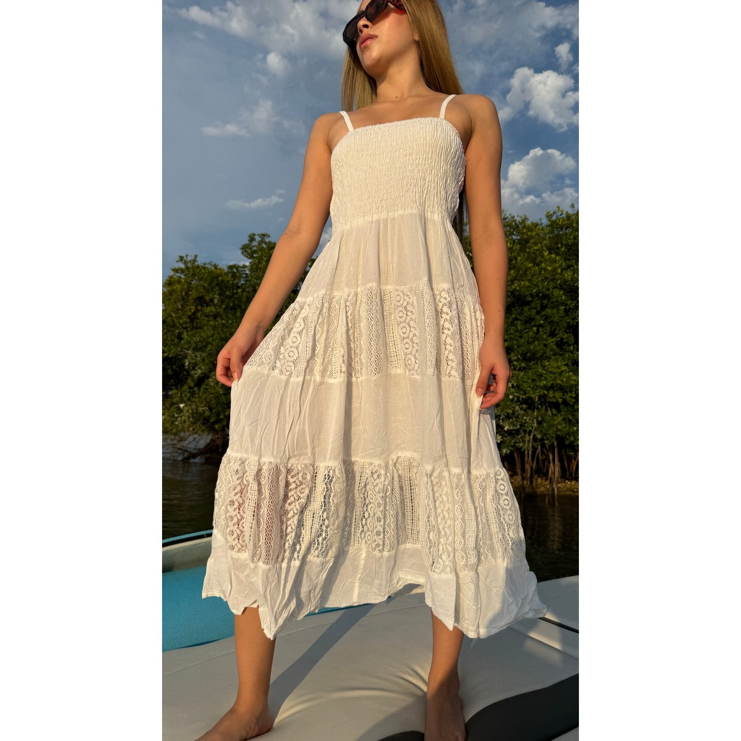 Trendy Dresses for Women White Casual Lace A-Line Dress Sleeveless Long Dress