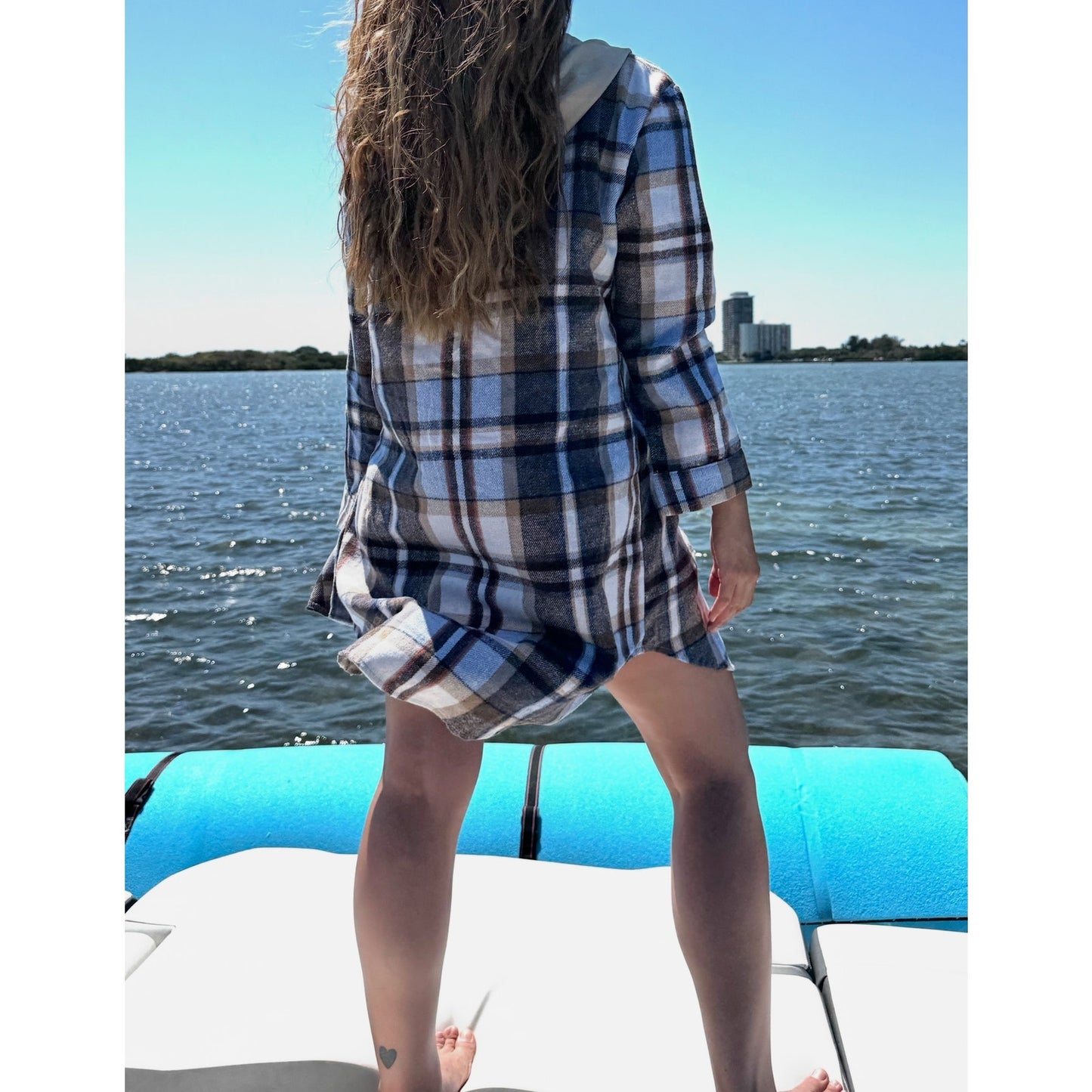 Hooded longline plaid flannel fleece shacket