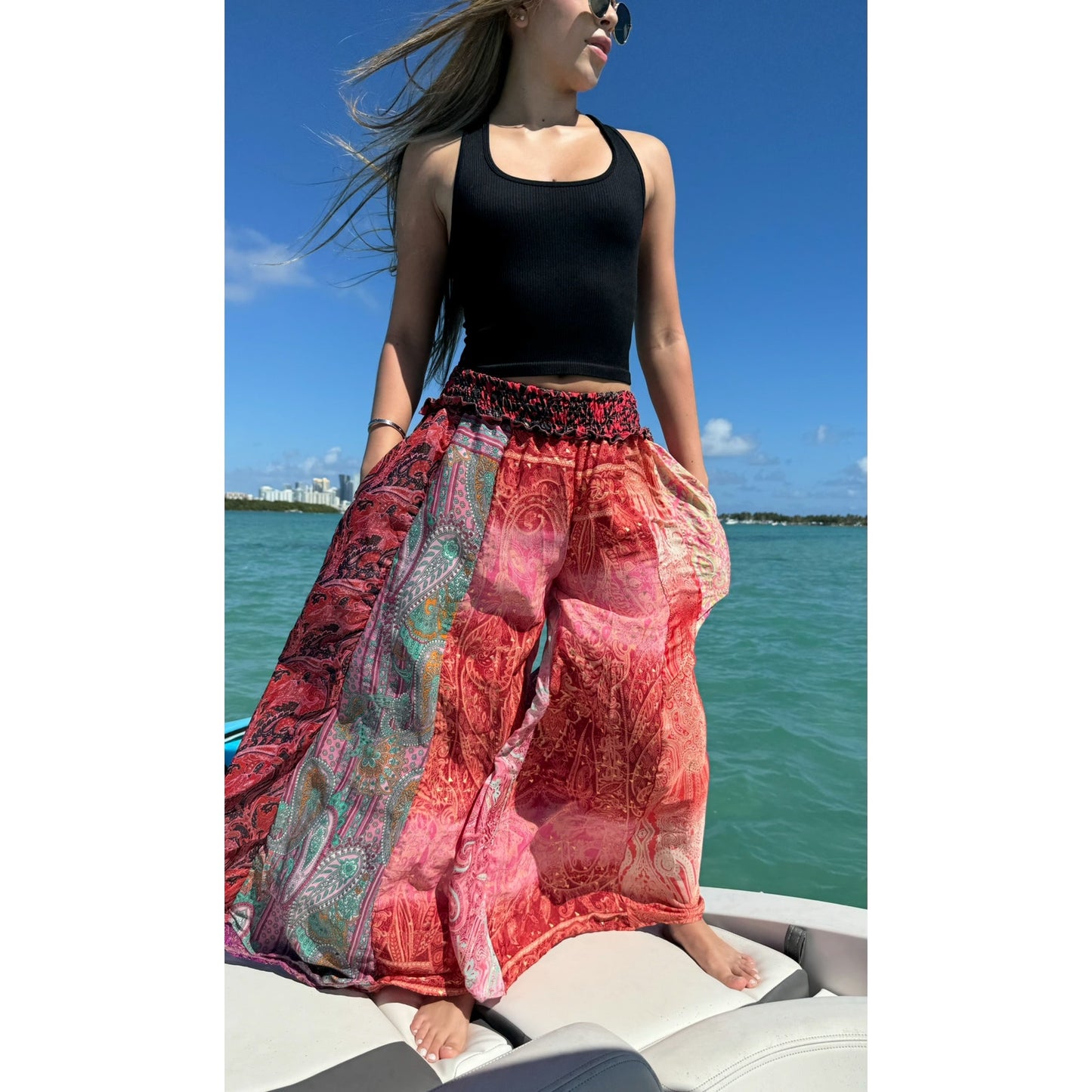 Mixed-print wide-leg trousers- One Size