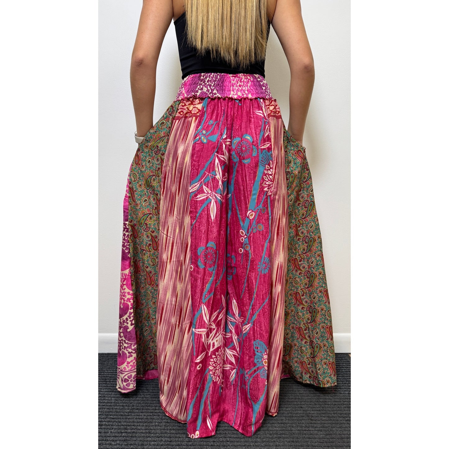 Mixed-print wide-leg trousers- One Size 100% Silk