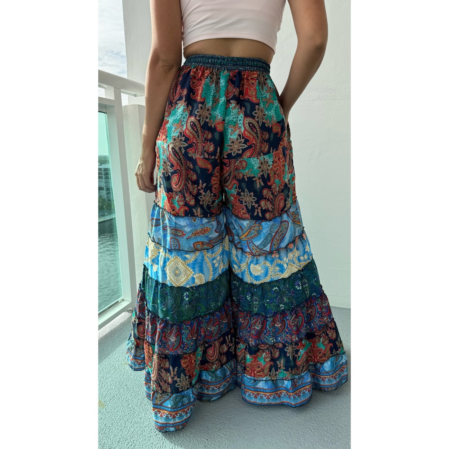 Mixed-print wide-leg trousers- One Size 100% Silk