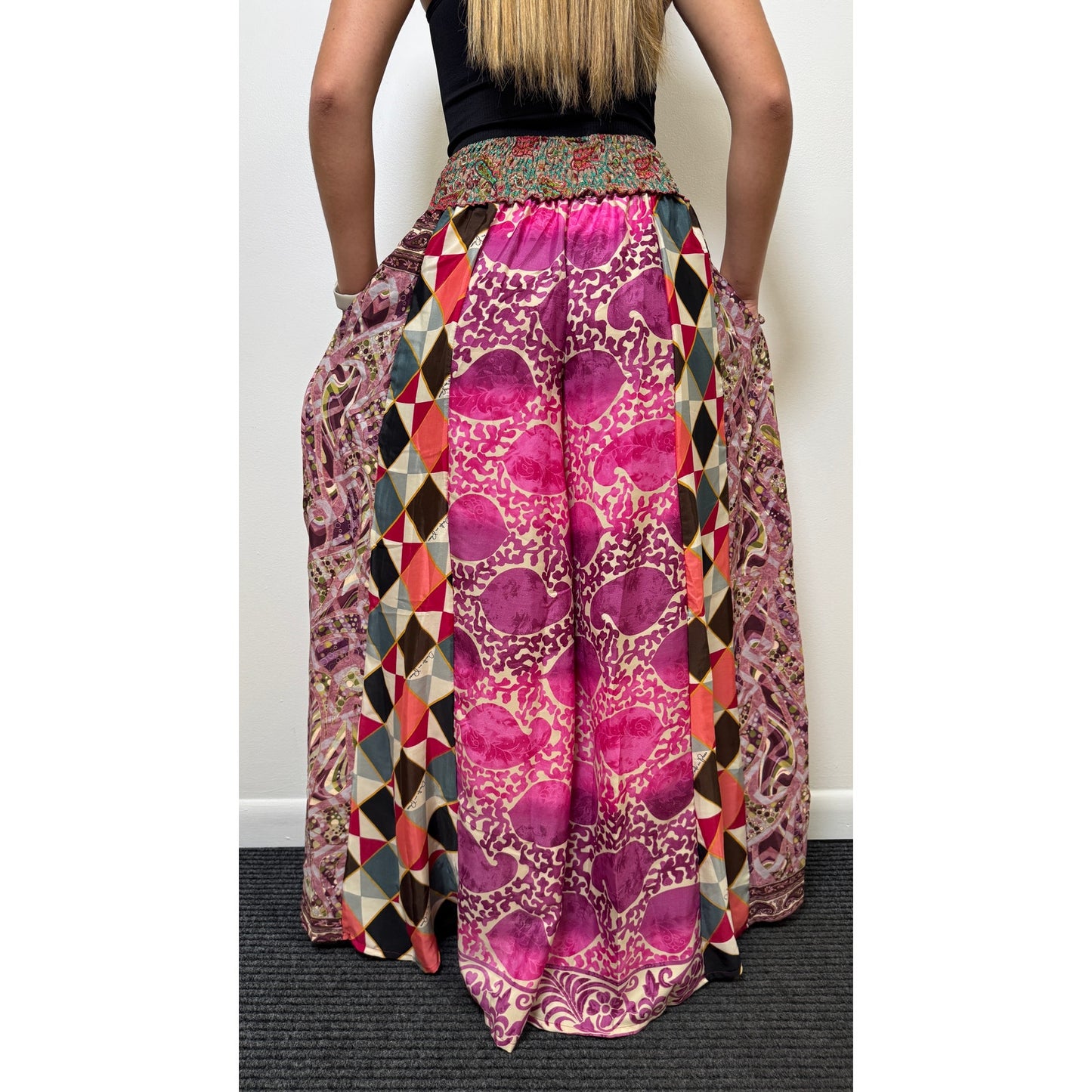 Mixed-print wide-leg trousers- One Size 100% Silk