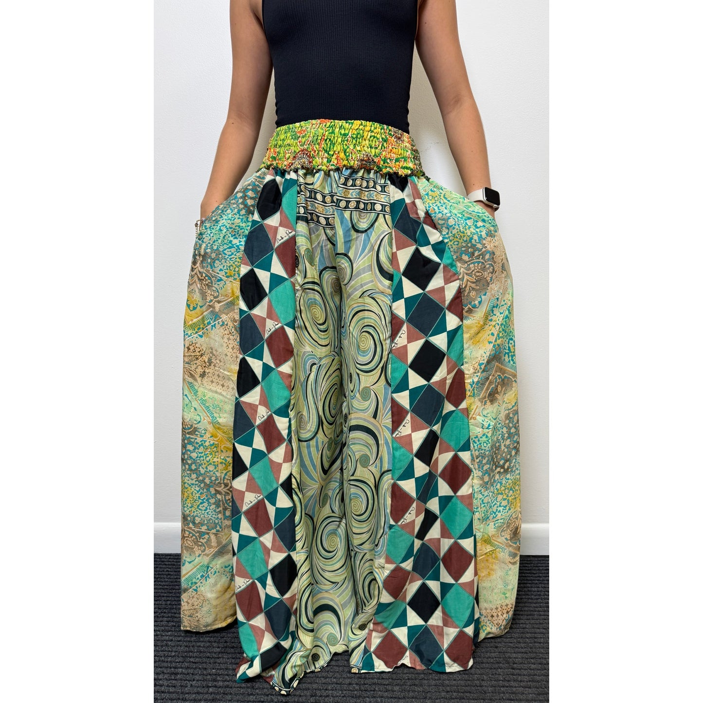 Mixed-print wide-leg trousers- One Size 100% Silk