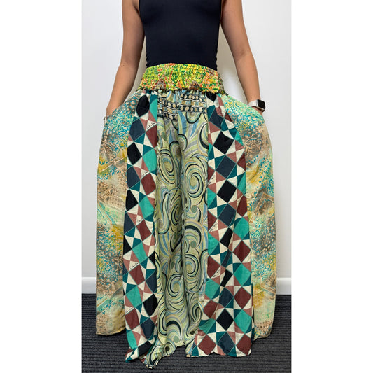 Mixed-print wide-leg trousers- One Size 100% Silk