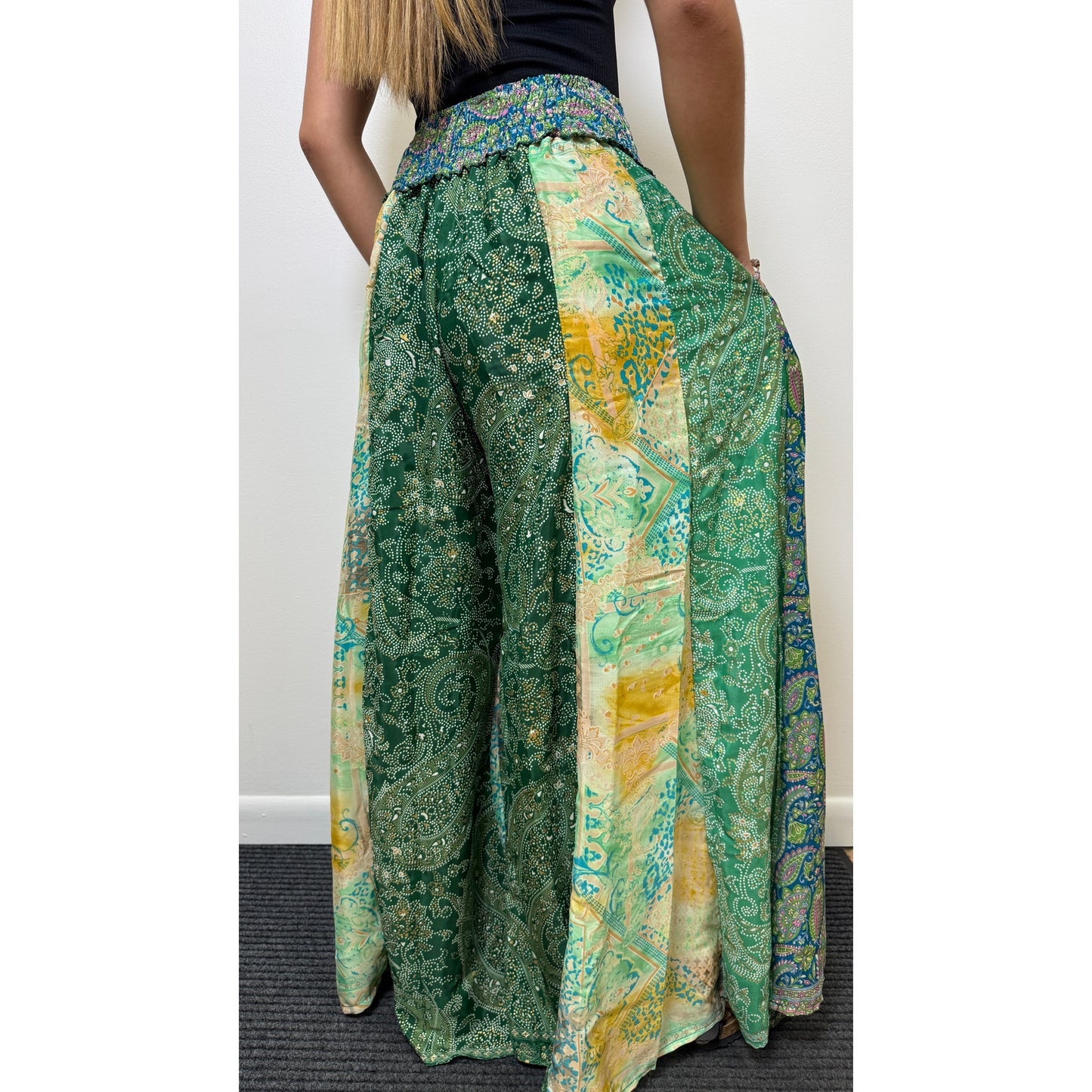 Mixed-print wide-leg trousers- One Size 100% Silk