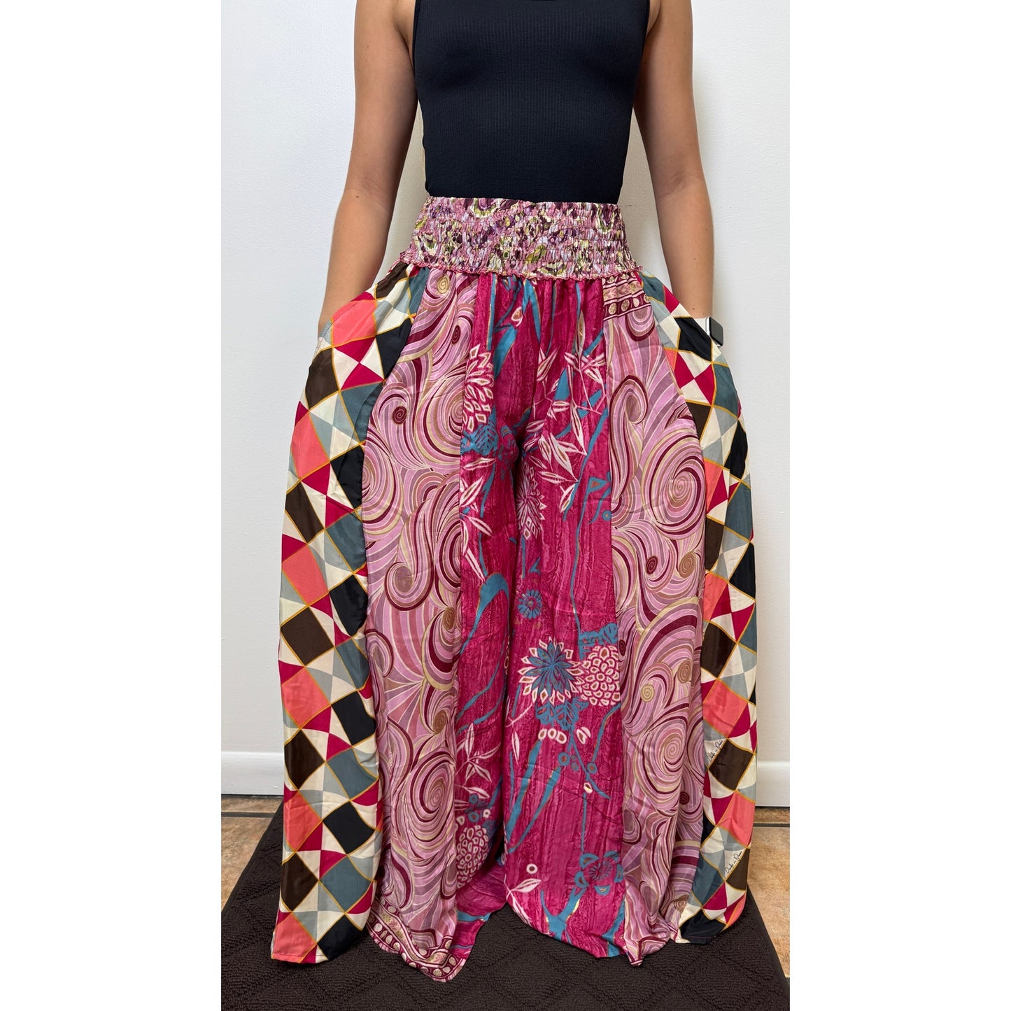 Mixed-print wide-leg trousers- One Size 100% Silk