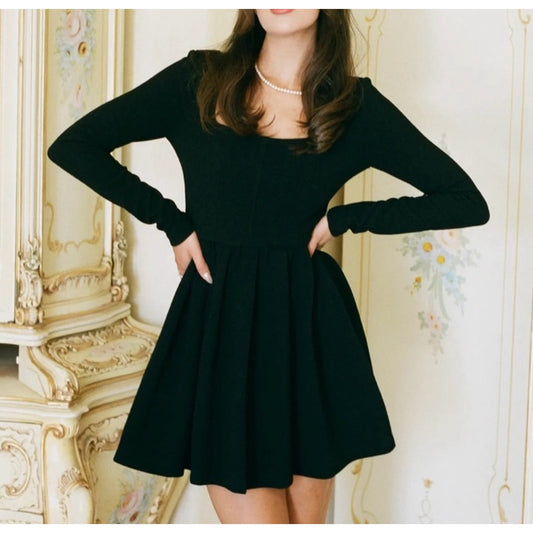 WAYF Jourdan Sloane Mini Dress Women's Long Sleeve Pleated Black NWT