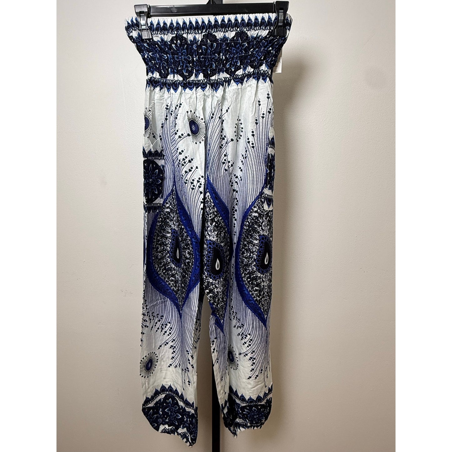 Boho Smocked Harem Pants – Blue Paisley Print