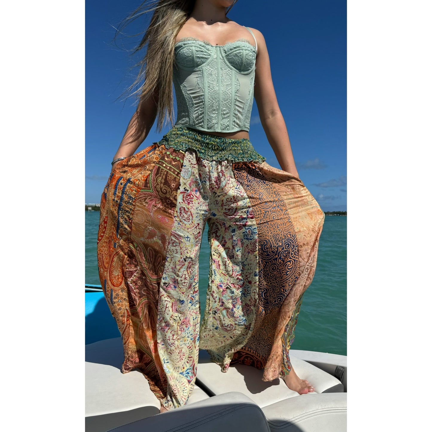 Mixed-print wide-leg trousers- One Size