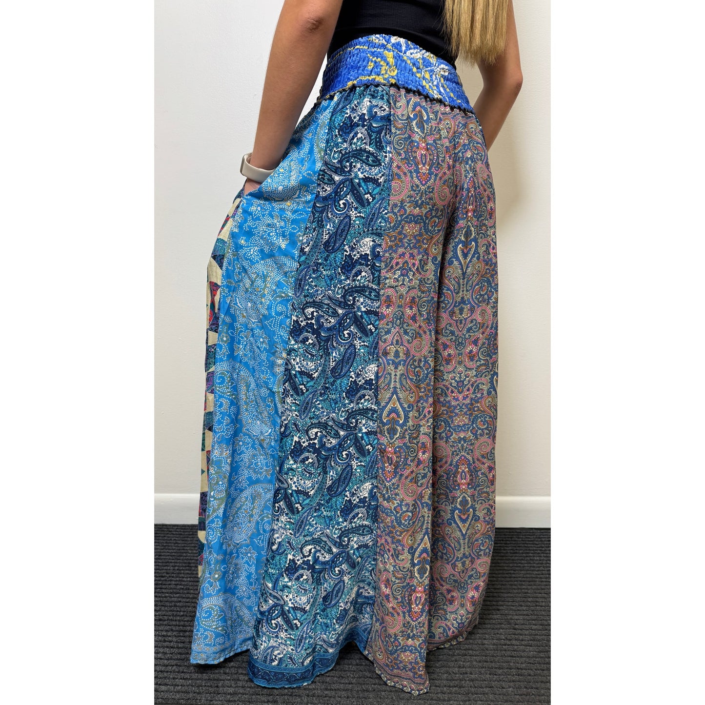 Mixed-print wide-leg trousers- One Size 100% Silk