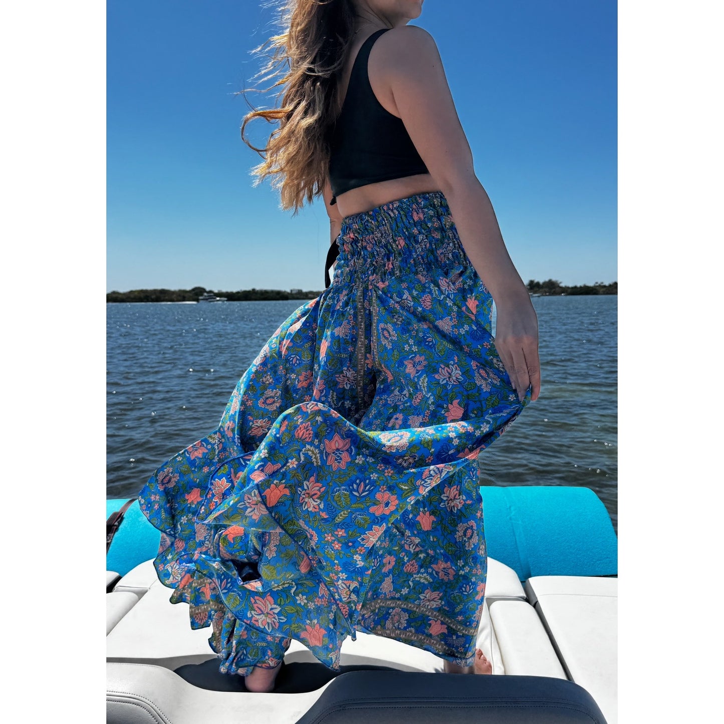 Maxi Pants Wide Leg High Waisted blue leaves