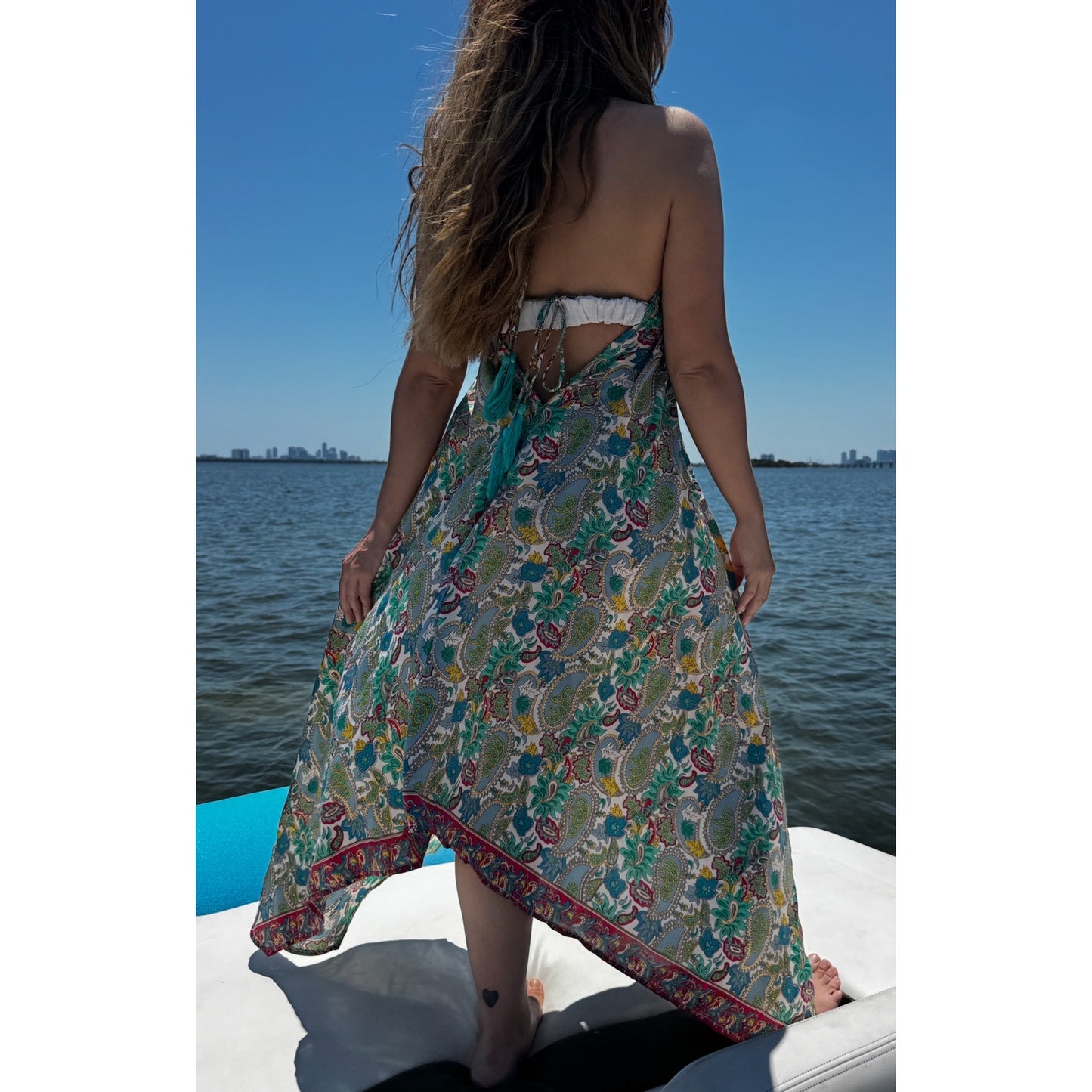 Short floral paisley scarf dress cover-up featuring an open back and deep V-neck