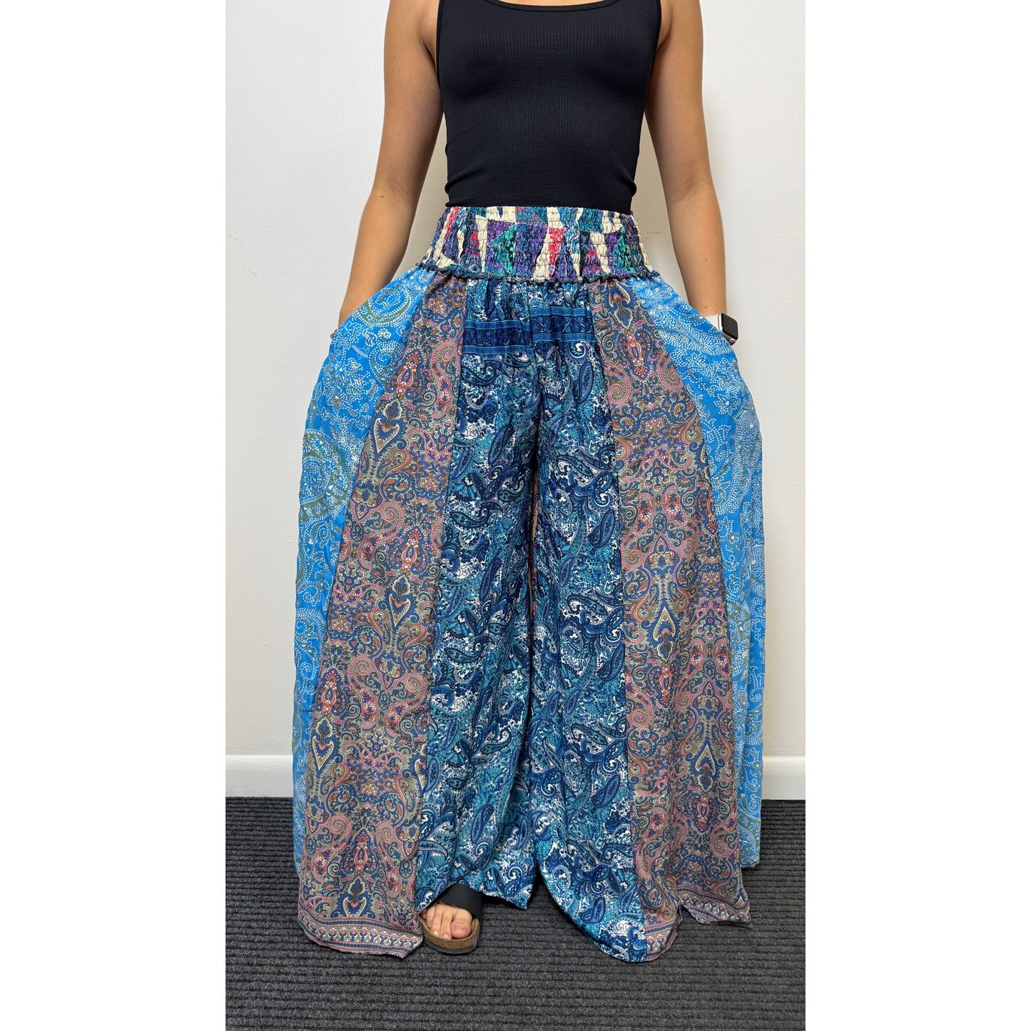 Mixed-print wide-leg trousers- One Size 100% Silk