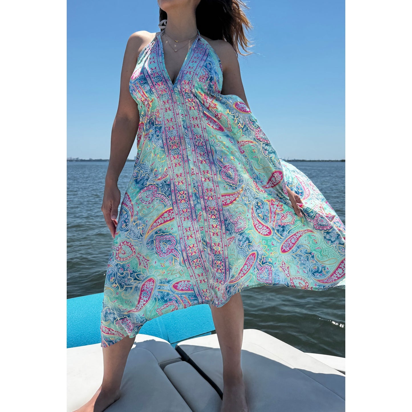 Short floral paisley scarf dress cover-up featuring an open back and deep V-neck