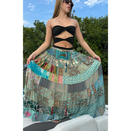 Mixed-Patchwork maxi skirt with pockets- One Size