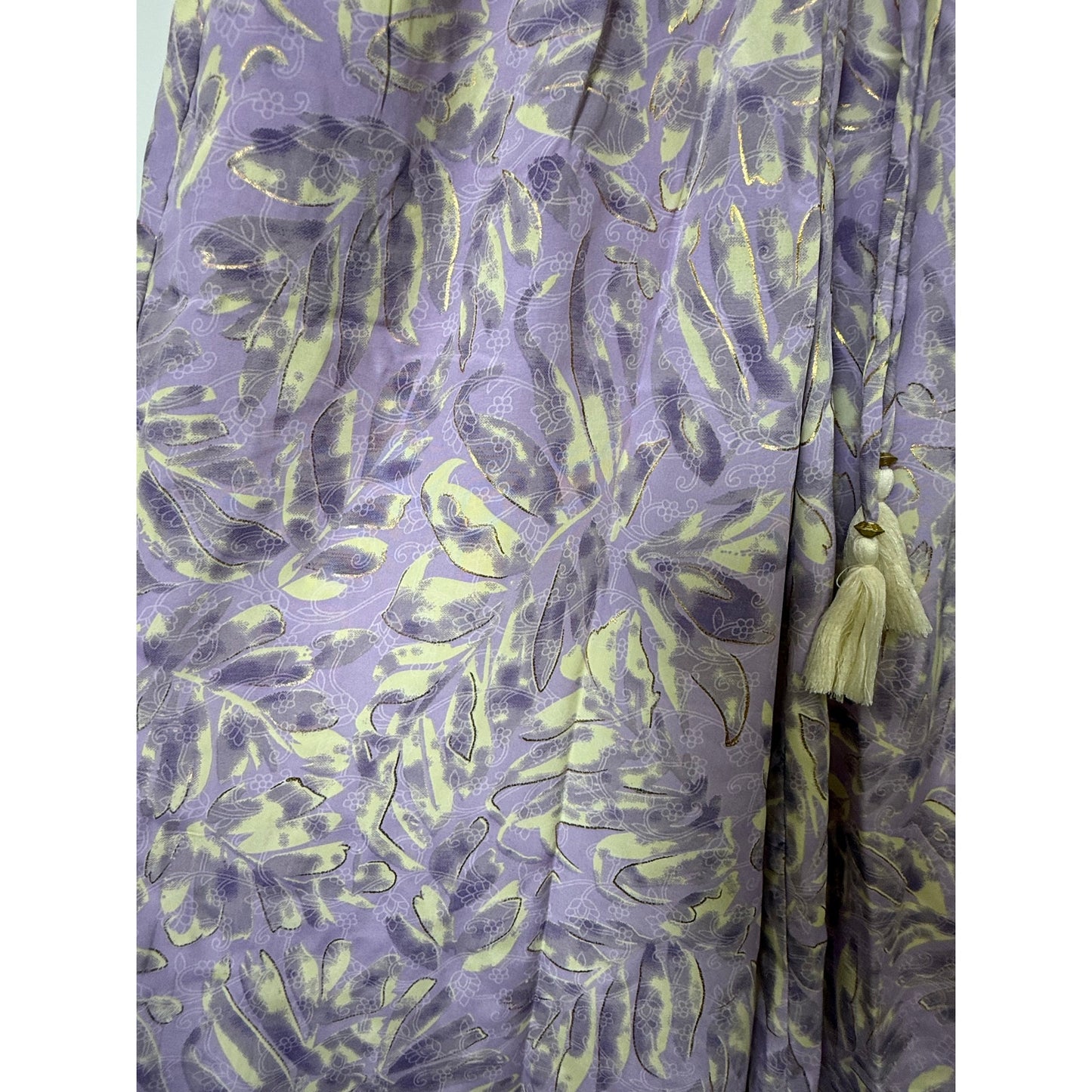 Lavender Tropical Print Wide-Leg Pants with Tassel Drawstring